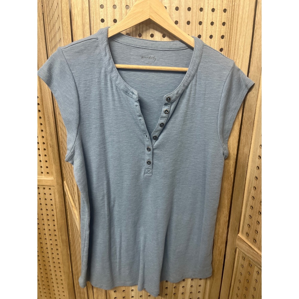 Wonderly Women Blue Short Sleeve Henley‎ Button Up Top Size L